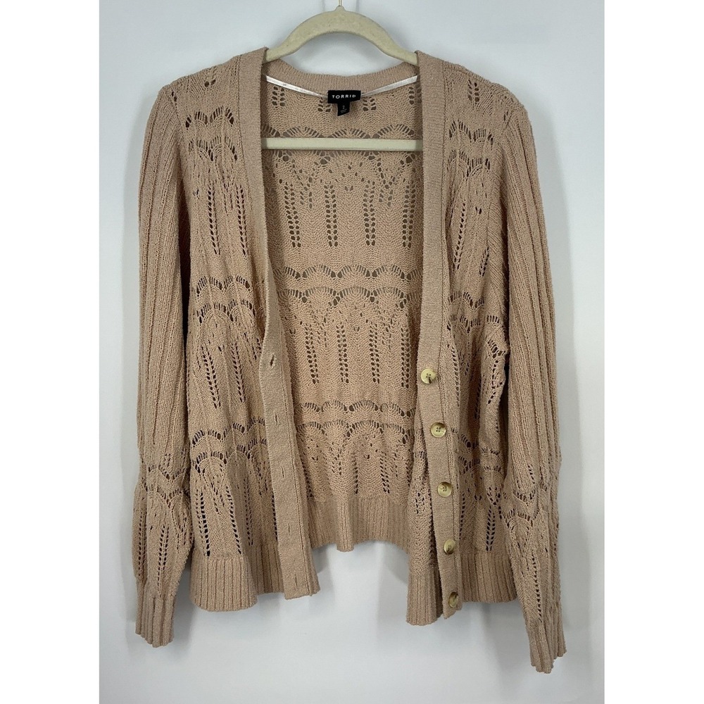 Torrid Size 2 Tan Pointelle Knit Cardigan Sweater Button Cottagecore Grannycore - Picture 11 of 11